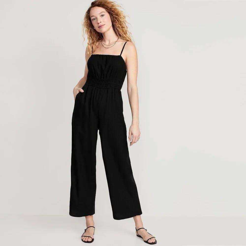 Old Navy Linen Blend Jumpsuit Medium Minimalist Smocked Wide Leg Ankle Black
